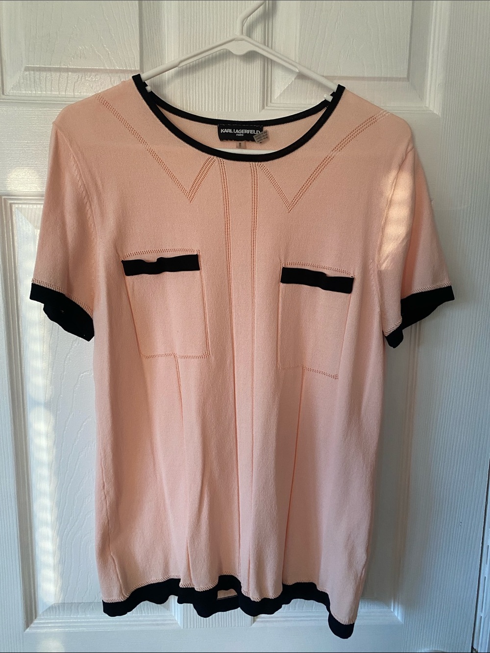 Karl Lagerfeld Pale Pink Short Sleeve Knit Top with Black Trim